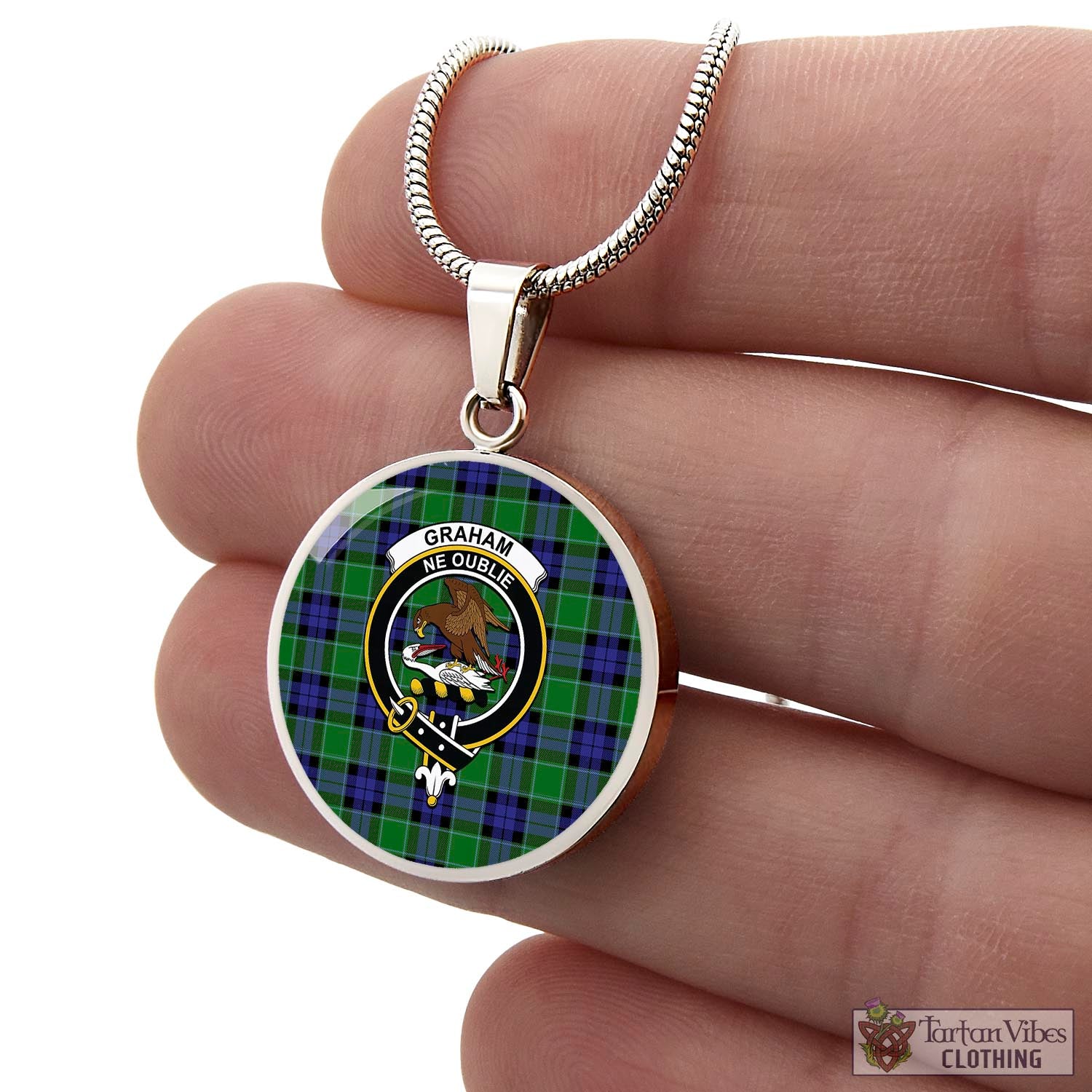 Tartan Vibes Clothing Graham of Menteith Modern Tartan Circle Necklace with Family Crest