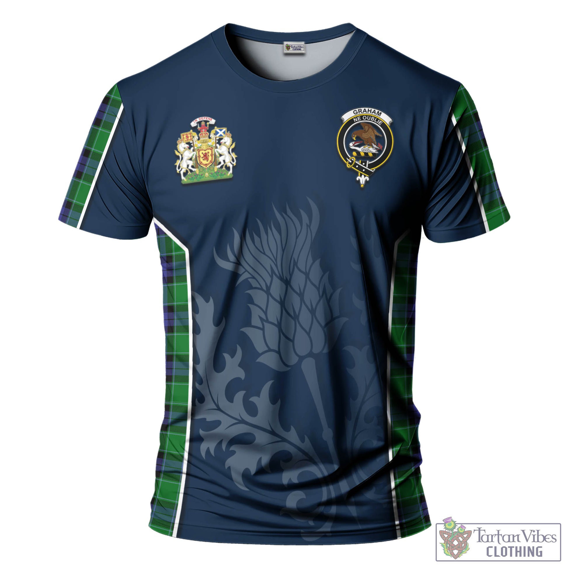 Tartan Vibes Clothing Graham of Menteith Modern Tartan T-Shirt with Family Crest and Scottish Thistle Vibes Sport Style