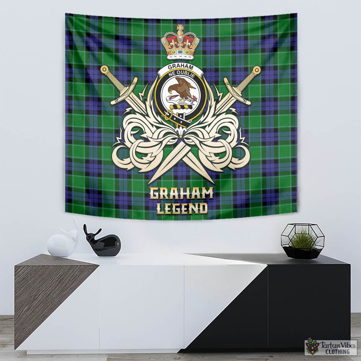 Tartan Vibes Clothing Graham of Menteith Modern Tartan Tapestry with Clan Crest and the Golden Sword of Courageous Legacy