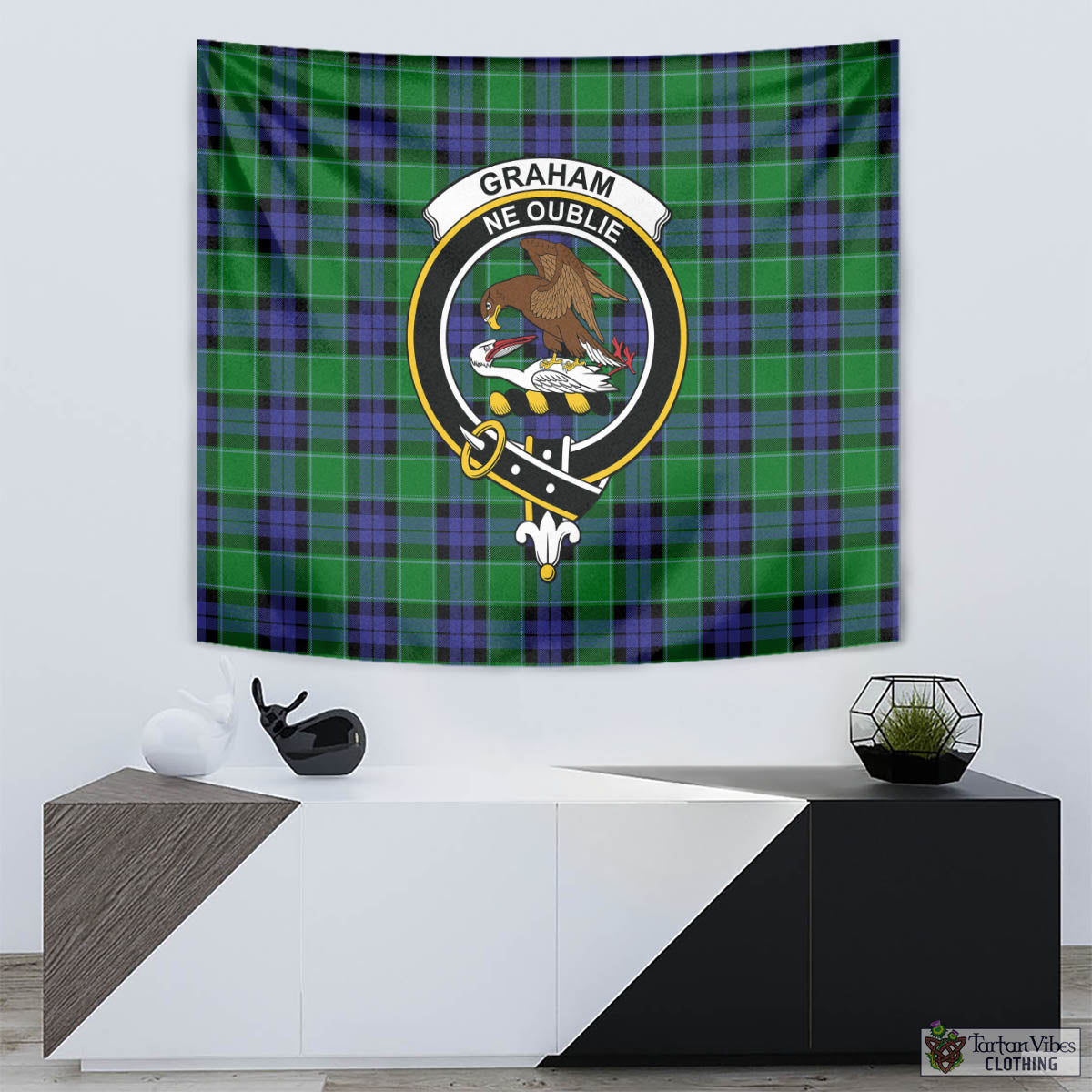 Tartan Vibes Clothing Graham of Menteith Modern Tartan Tapestry Wall Hanging and Home Decor for Room with Family Crest