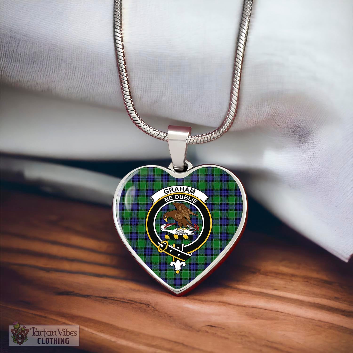 Tartan Vibes Clothing Graham of Menteith Modern Tartan Heart Necklace with Family Crest