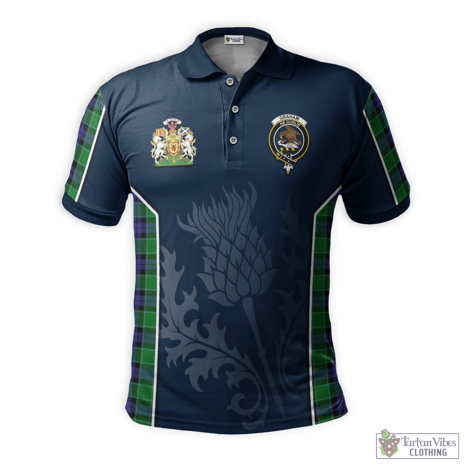 Tartan Vibes Clothing Graham of Menteith Modern Tartan Men's Polo Shirt with Family Crest and Scottish Thistle Vibes Sport Style