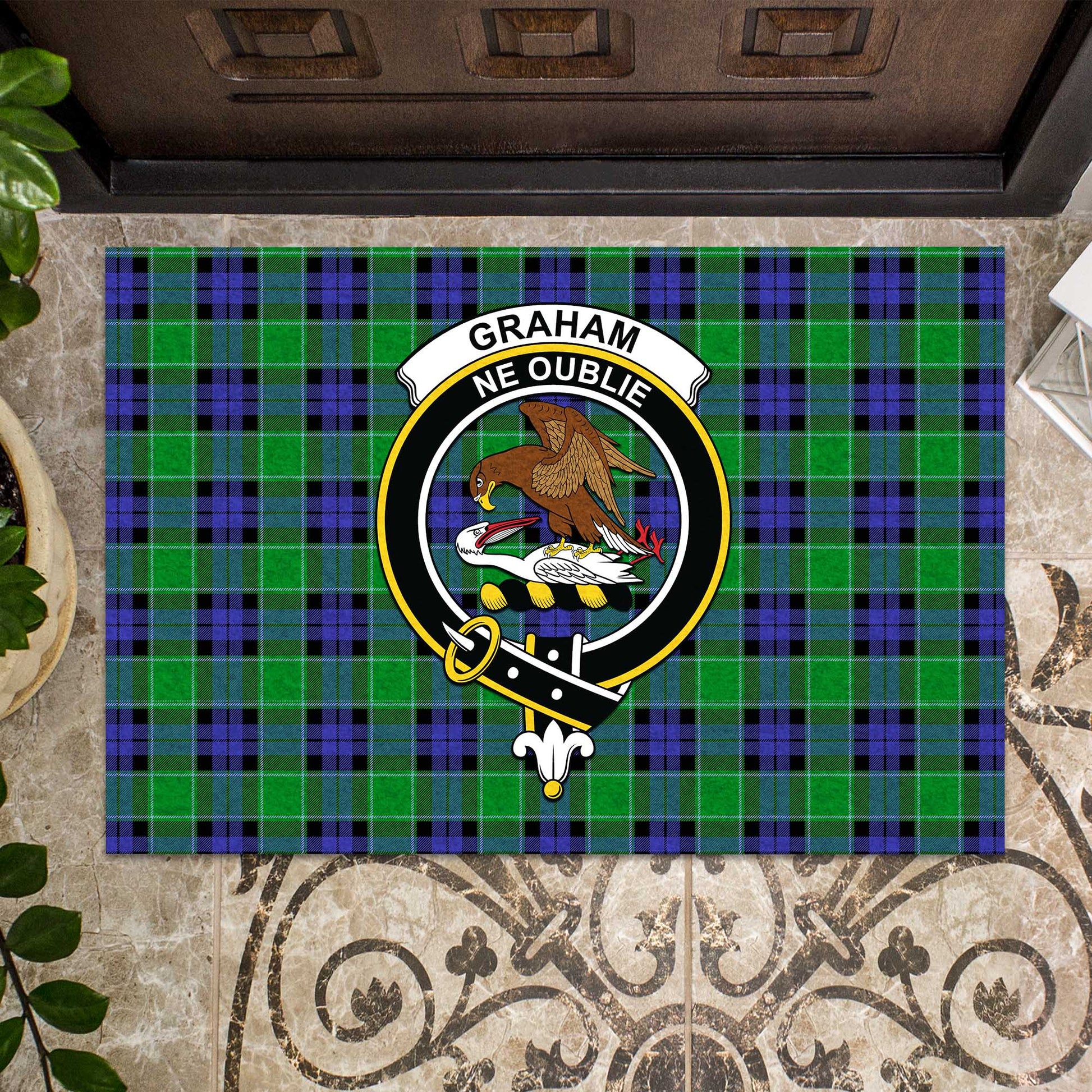 Graham of Menteith Modern Tartan Door Mat with Family Crest - Tartanvibesclothing