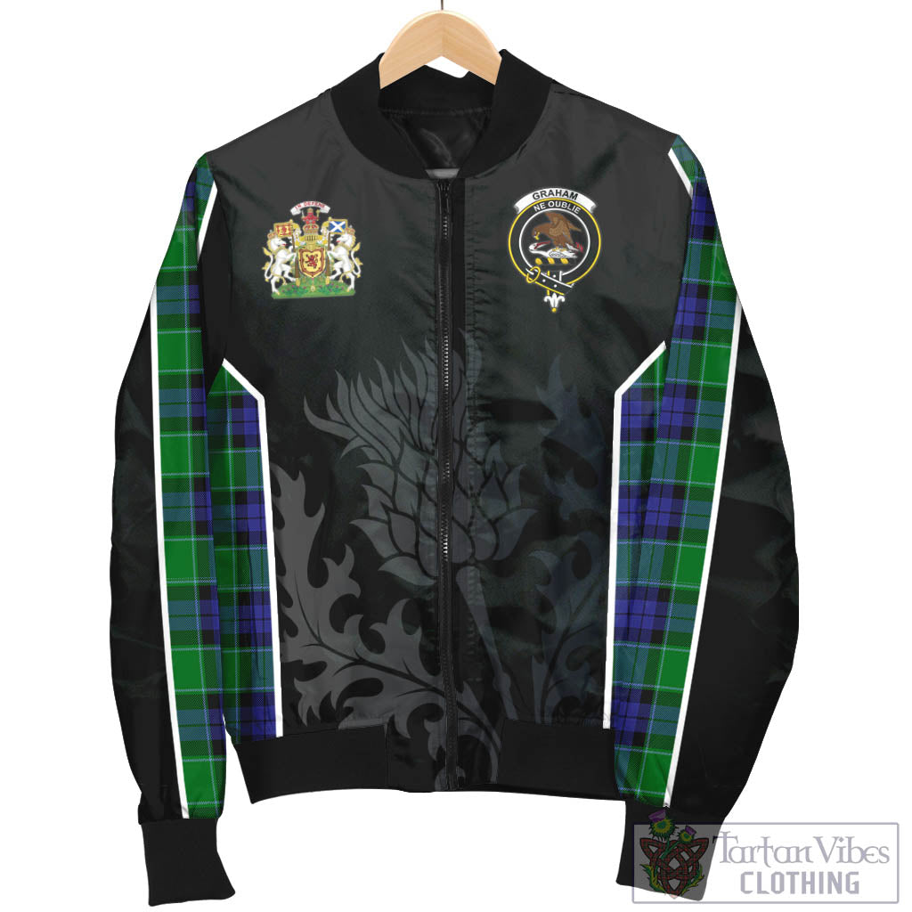 Tartan Vibes Clothing Graham of Menteith Modern Tartan Bomber Jacket with Family Crest and Scottish Thistle Vibes Sport Style