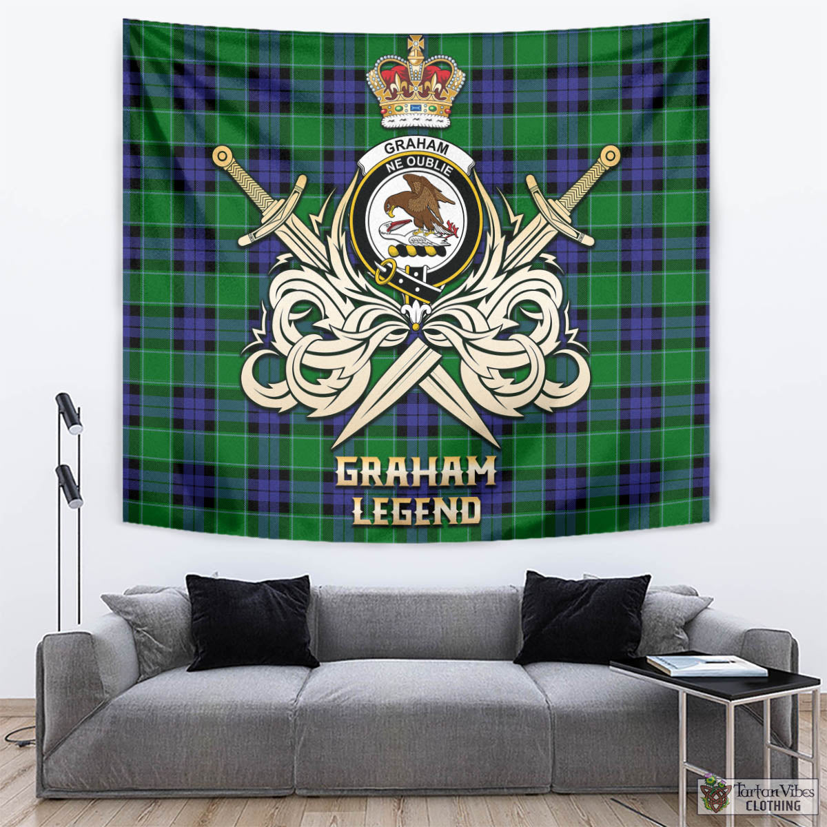 Tartan Vibes Clothing Graham of Menteith Modern Tartan Tapestry with Clan Crest and the Golden Sword of Courageous Legacy