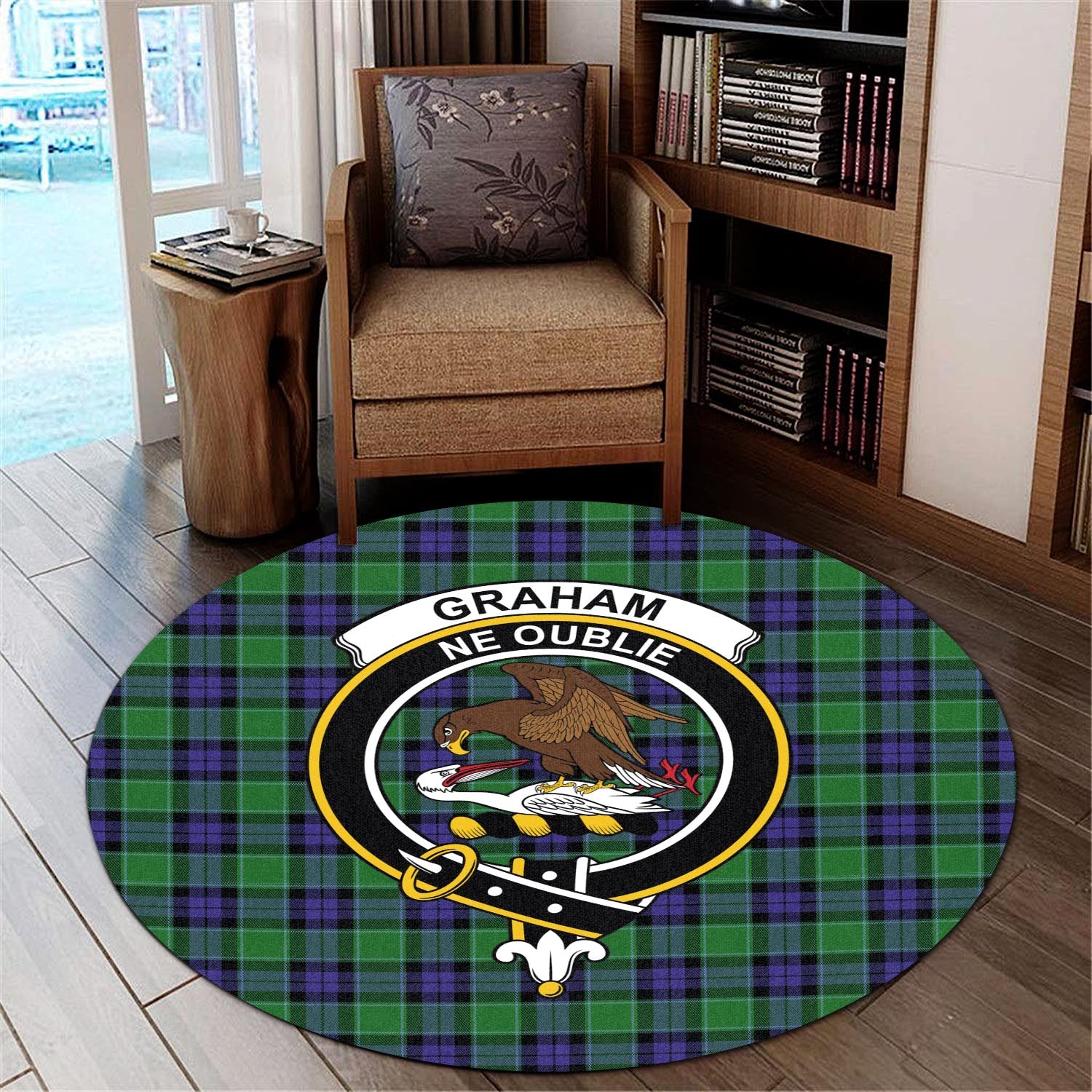 graham-of-menteith-modern-tartan-round-rug-with-family-crest