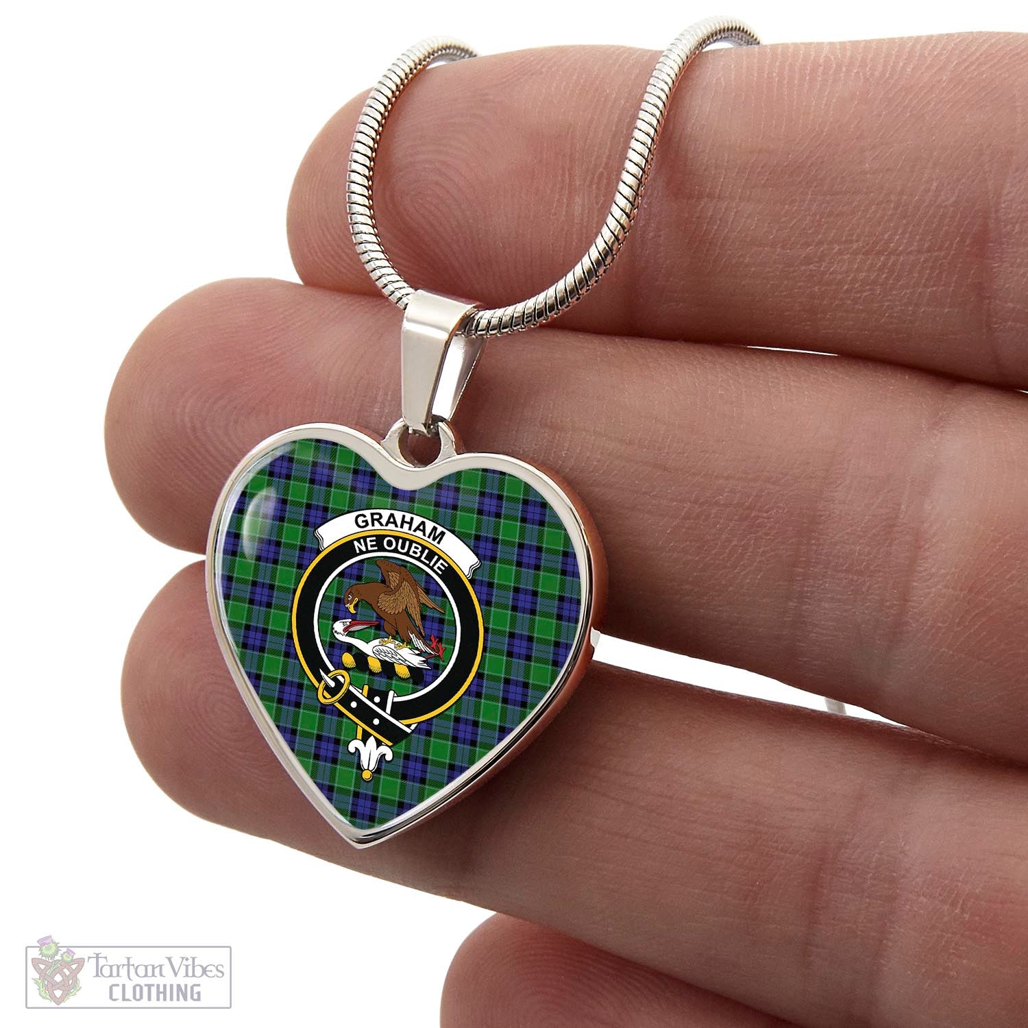 Tartan Vibes Clothing Graham of Menteith Modern Tartan Heart Necklace with Family Crest