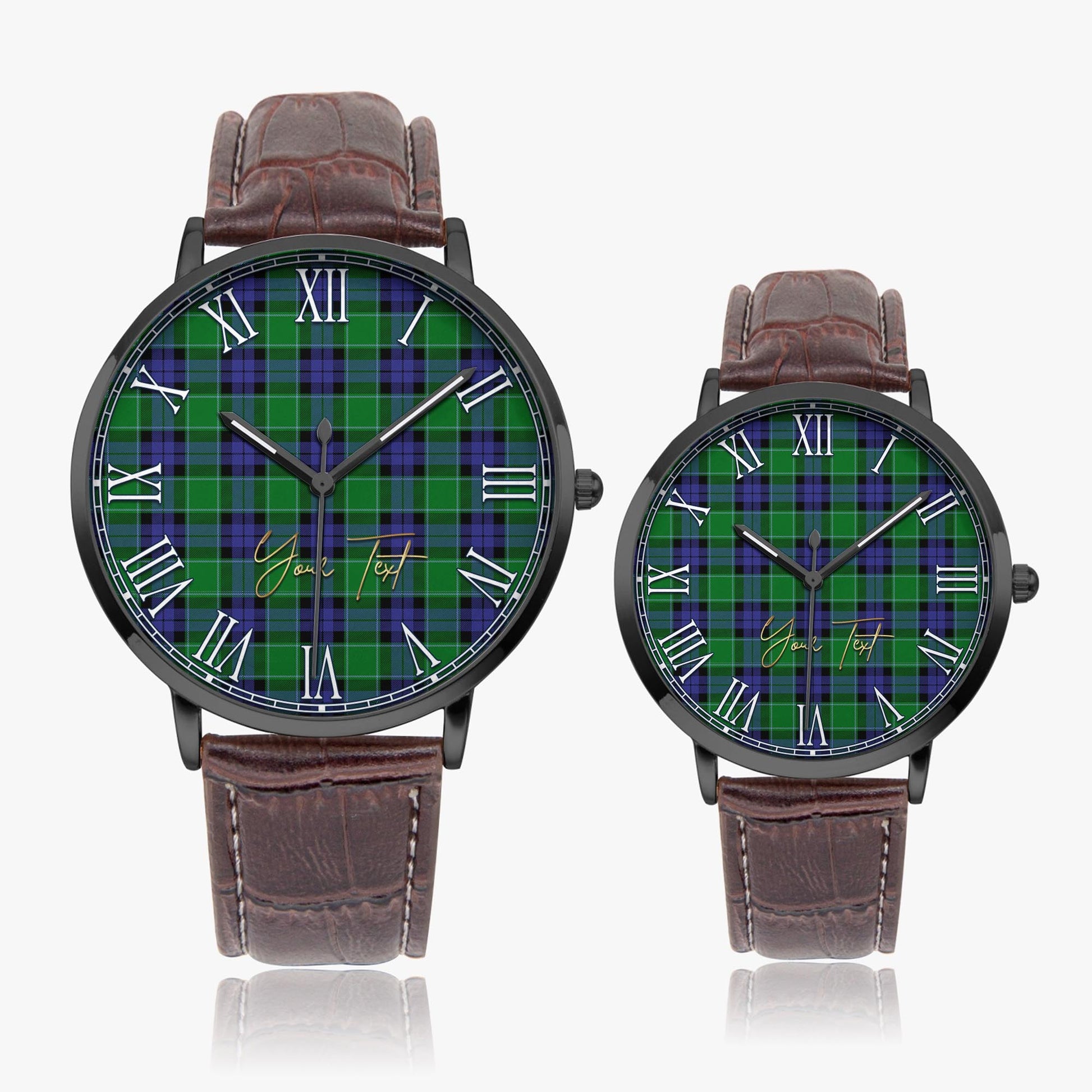 Graham of Menteith Modern Tartan Personalized Your Text Leather Trap Quartz Watch Ultra Thin Black Case With Brown Leather Strap - Tartanvibesclothing