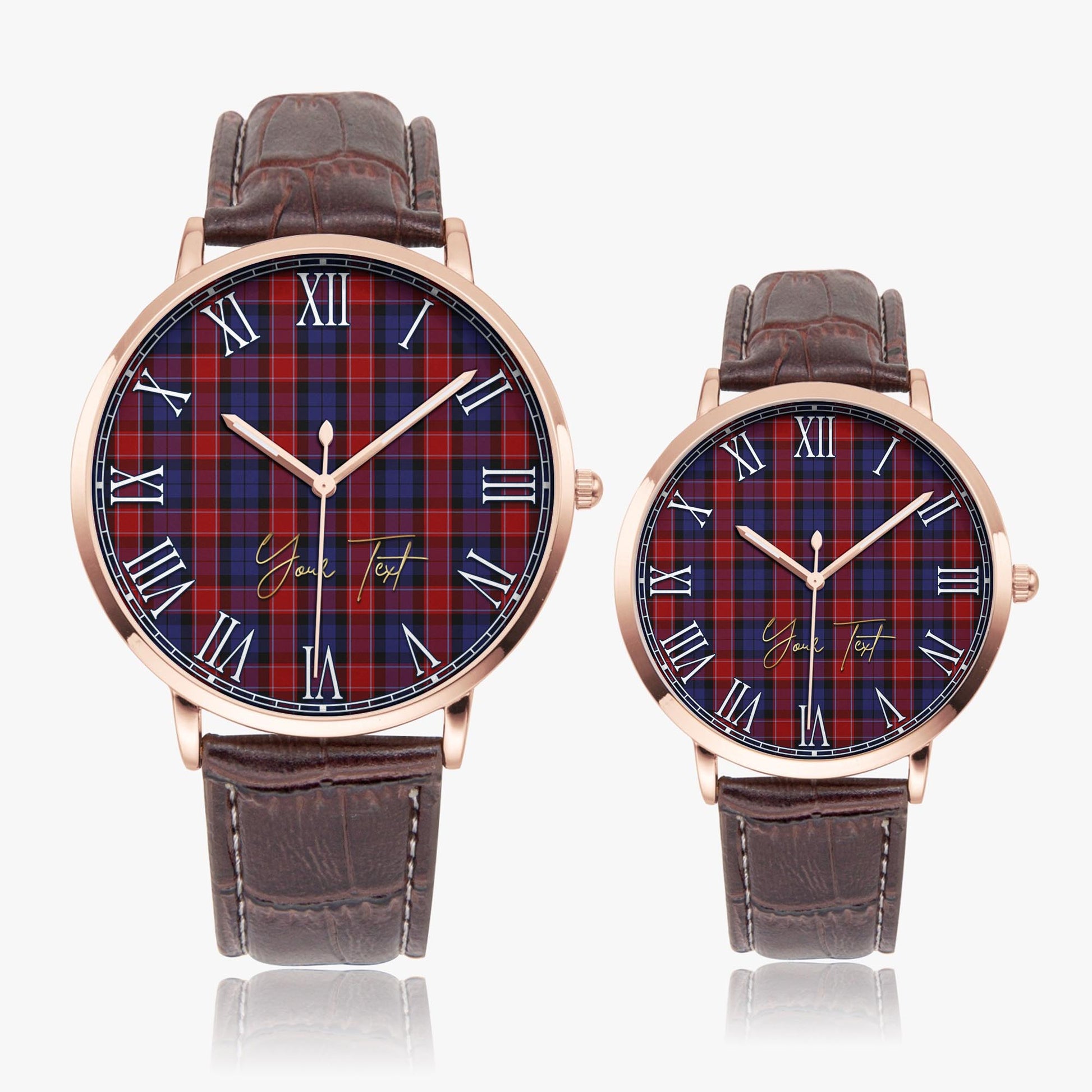 Graham of Menteith Red Tartan Personalized Your Text Leather Trap Quartz Watch Ultra Thin Rose Gold Case With Brown Leather Strap - Tartanvibesclothing