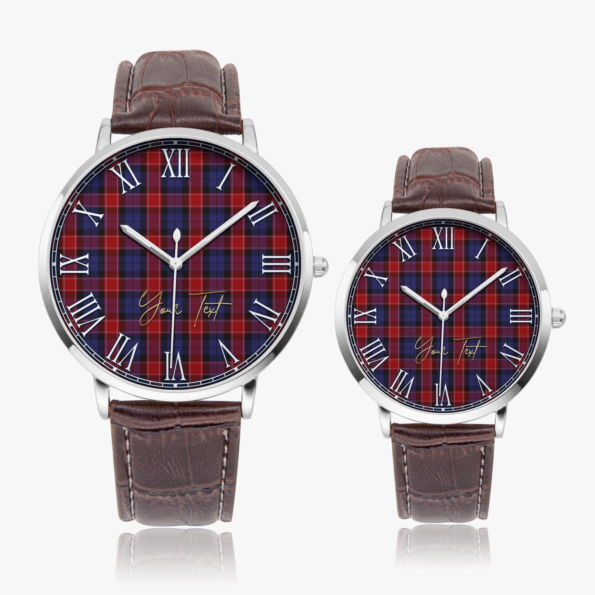 Graham of Menteith Red Tartan Personalized Your Text Leather Trap Quartz Watch Ultra Thin Silver Case With Brown Leather Strap - Tartanvibesclothing