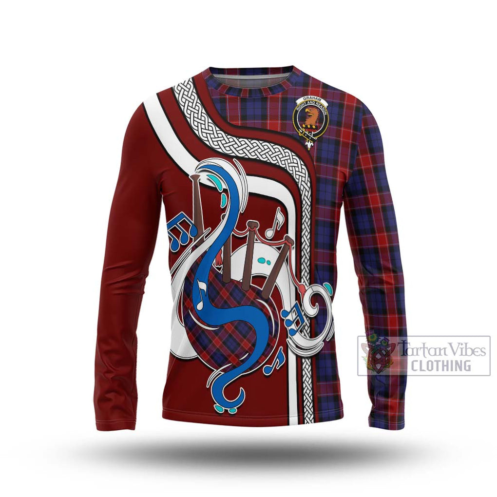 Tartan Vibes Clothing Graham of Menteith Red Tartan Long Sleeve T-Shirt with Epic Bagpipe Style