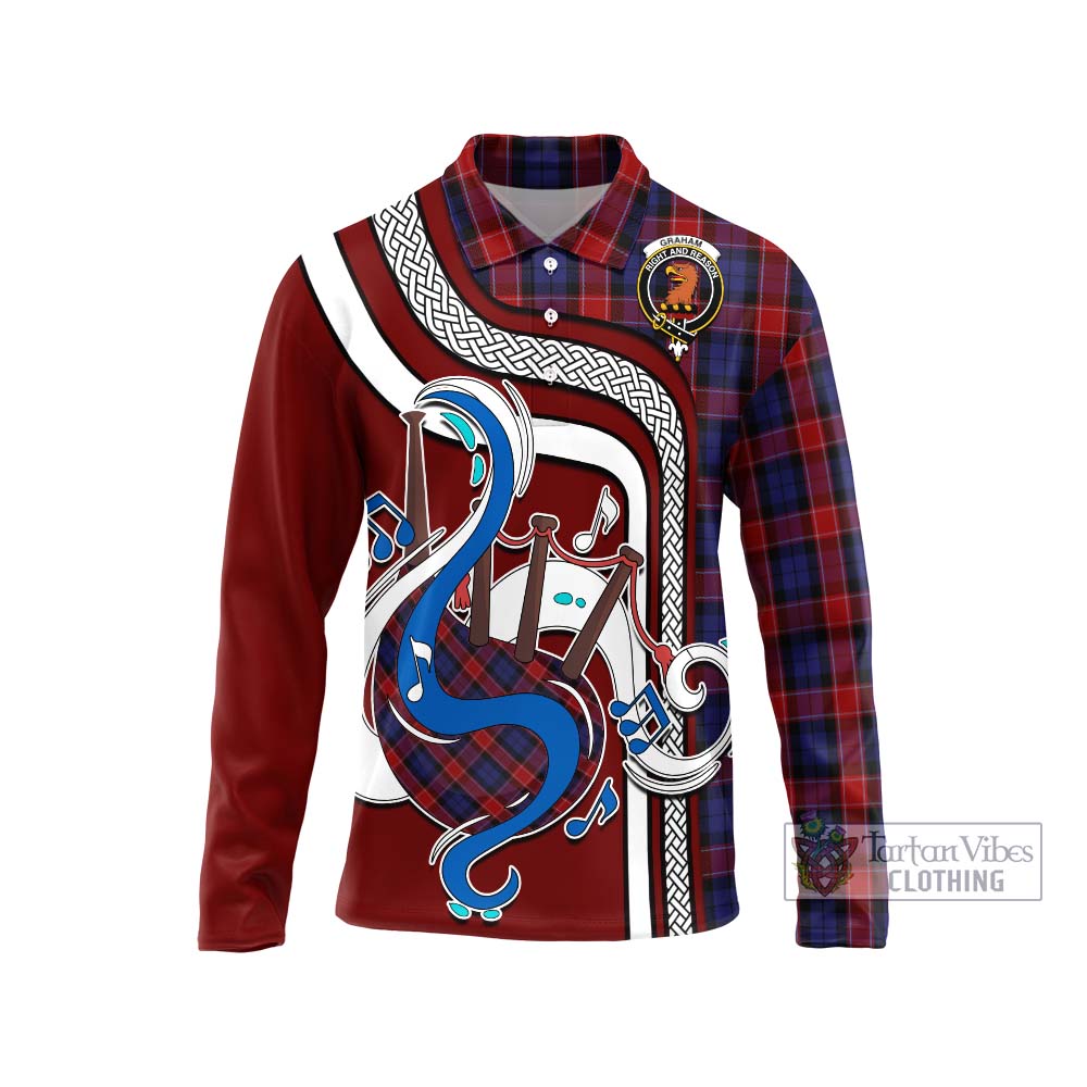 Tartan Vibes Clothing Graham of Menteith Red Tartan Long Sleeve Polo Shirt with Epic Bagpipe Style