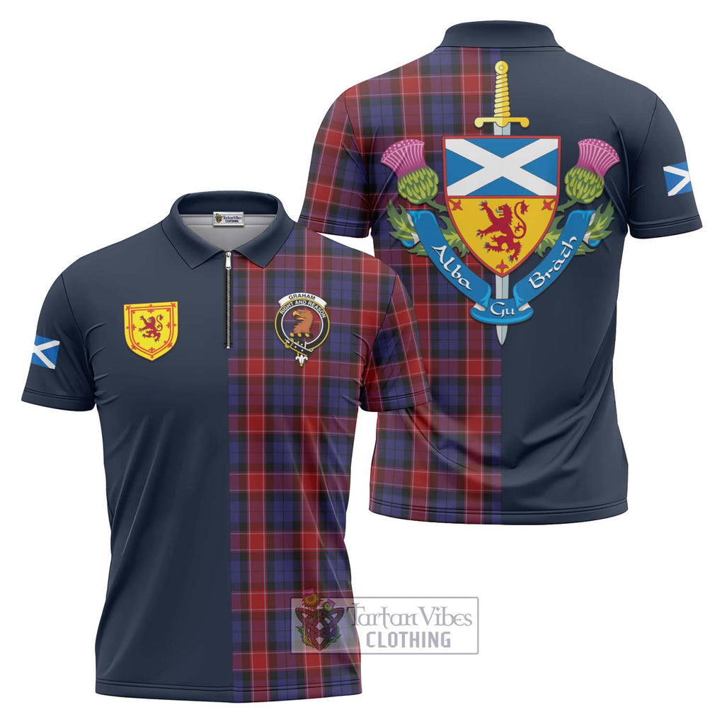 Tartan Vibes Clothing Graham of Menteith Red Tartan Zipper Polo Shirt with Scottish Lion Royal Arm Half Style