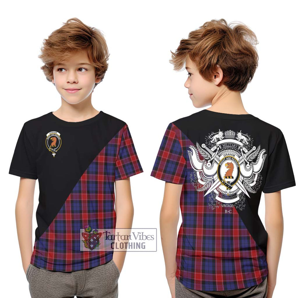 Graham of Menteith Red Tartan Kid T-Shirt with Family Crest and Military Logo Style Youth XL Size14 - Tartanvibesclothing Shop