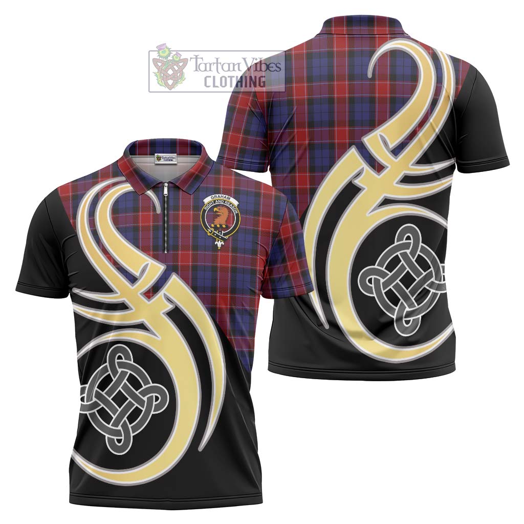 Tartan Vibes Clothing Graham of Menteith Red Tartan Zipper Polo Shirt with Family Crest and Celtic Symbol Style