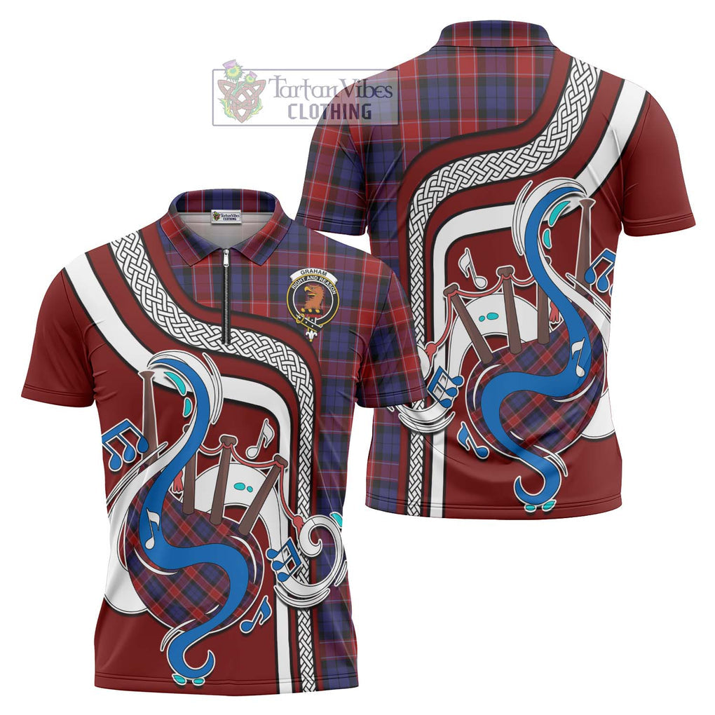 Graham of Menteith Red Tartan Zipper Polo Shirt with Epic Bagpipe Style Unisex - Tartanvibesclothing Shop