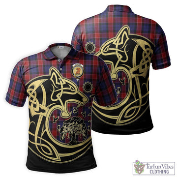 Graham of Menteith Red Tartan Polo Shirt with Family Crest Celtic Wolf Style