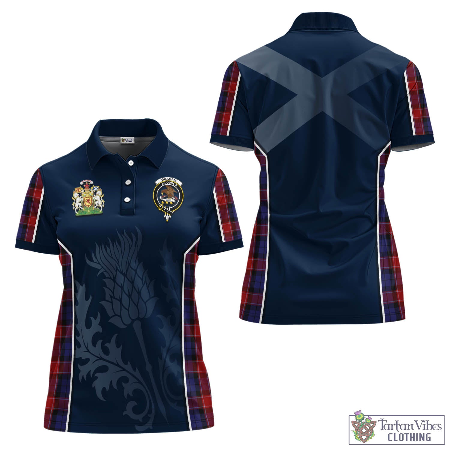 Tartan Vibes Clothing Graham of Menteith Red Tartan Women's Polo Shirt with Family Crest and Scottish Thistle Vibes Sport Style