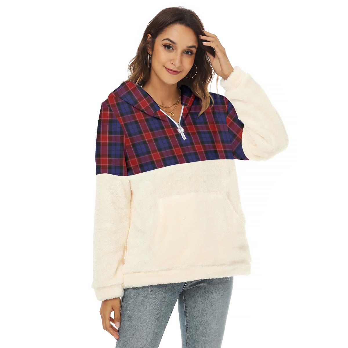 Graham of Menteith Red Tartan Women's Borg Fleece Hoodie With Half Zip Female - Tartan Vibes Clothing