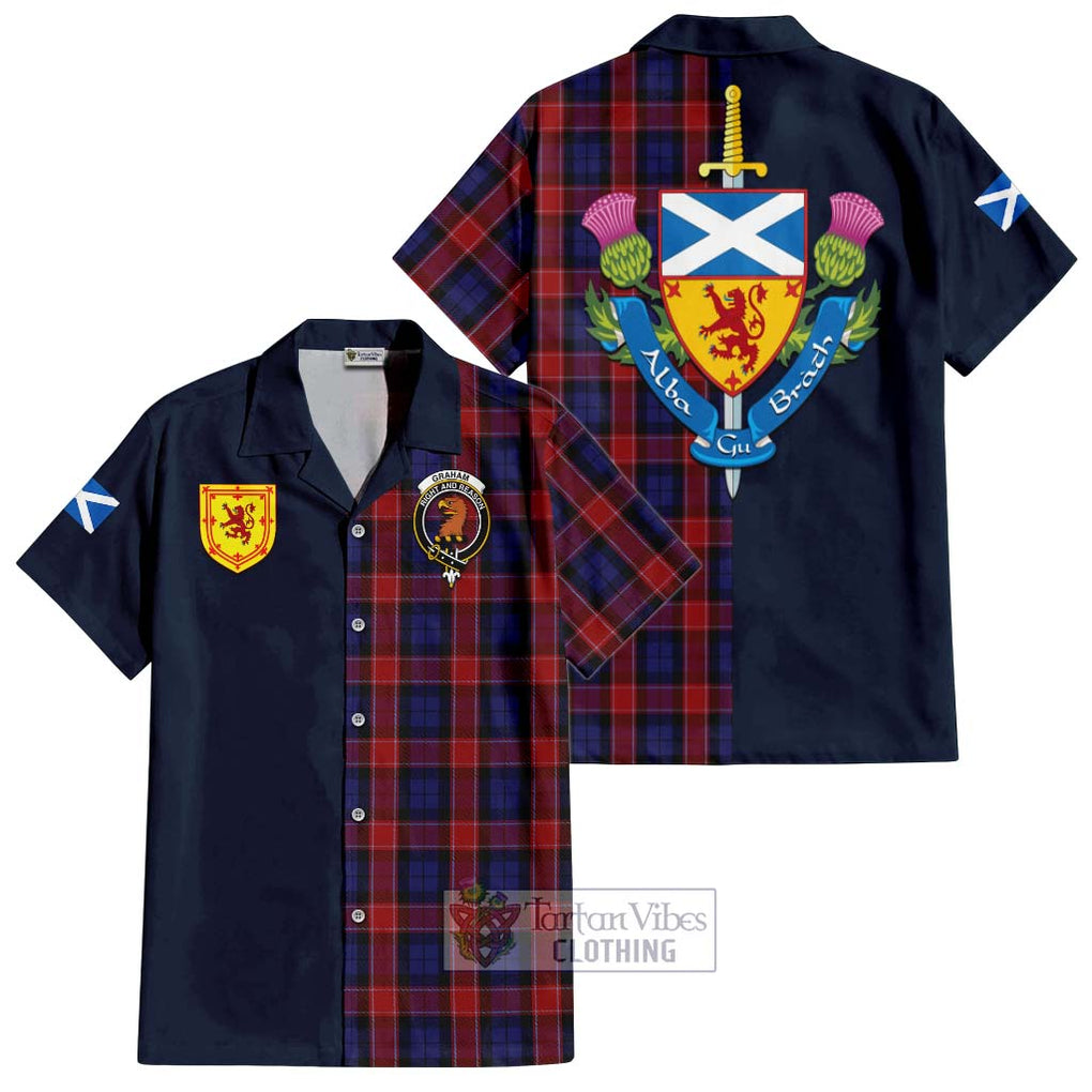 Tartan Vibes Clothing Graham of Menteith Red Tartan Short Sleeve Button Shirt with Scottish Lion Royal Arm Half Style