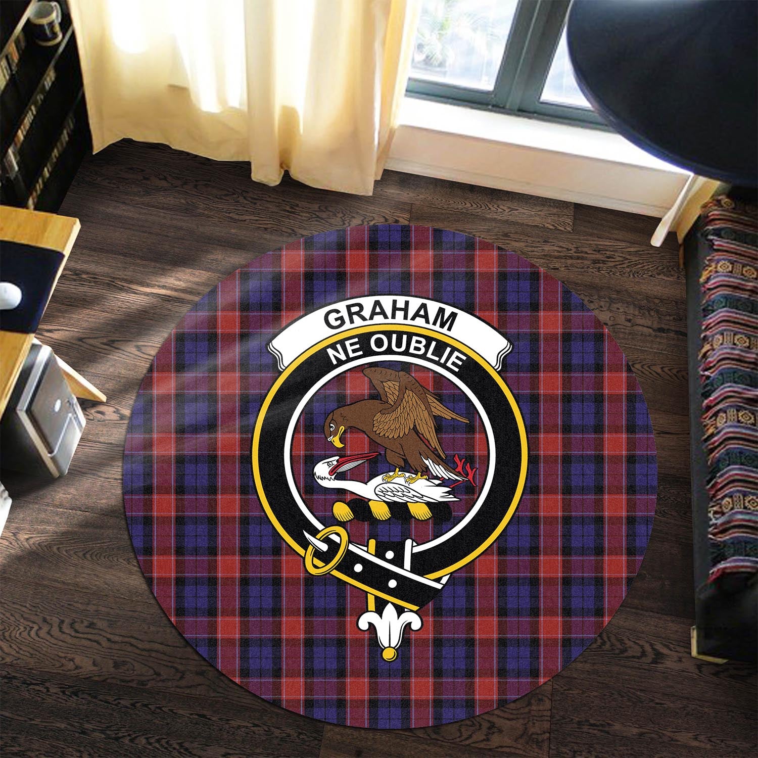 graham-of-menteith-red-tartan-round-rug-with-family-crest