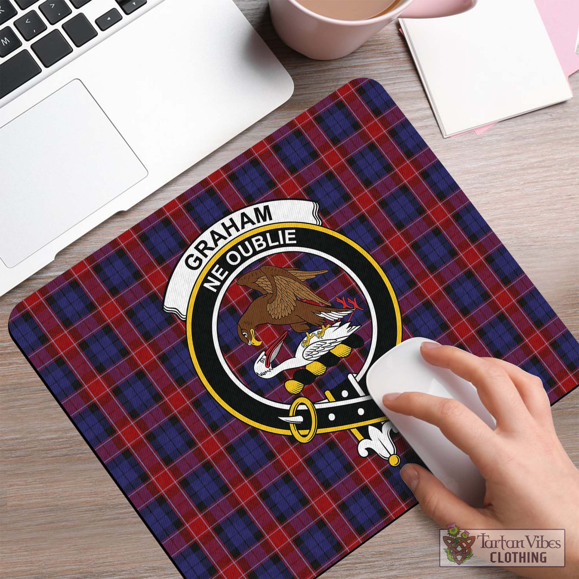 Tartan Vibes Clothing Graham of Menteith Red Tartan Mouse Pad with Family Crest