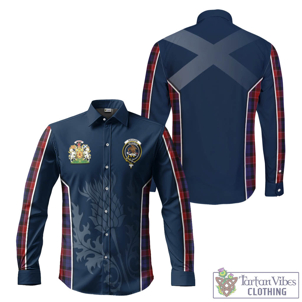 Tartan Vibes Clothing Graham of Menteith Red Tartan Long Sleeve Button Up Shirt with Family Crest and Scottish Thistle Vibes Sport Style