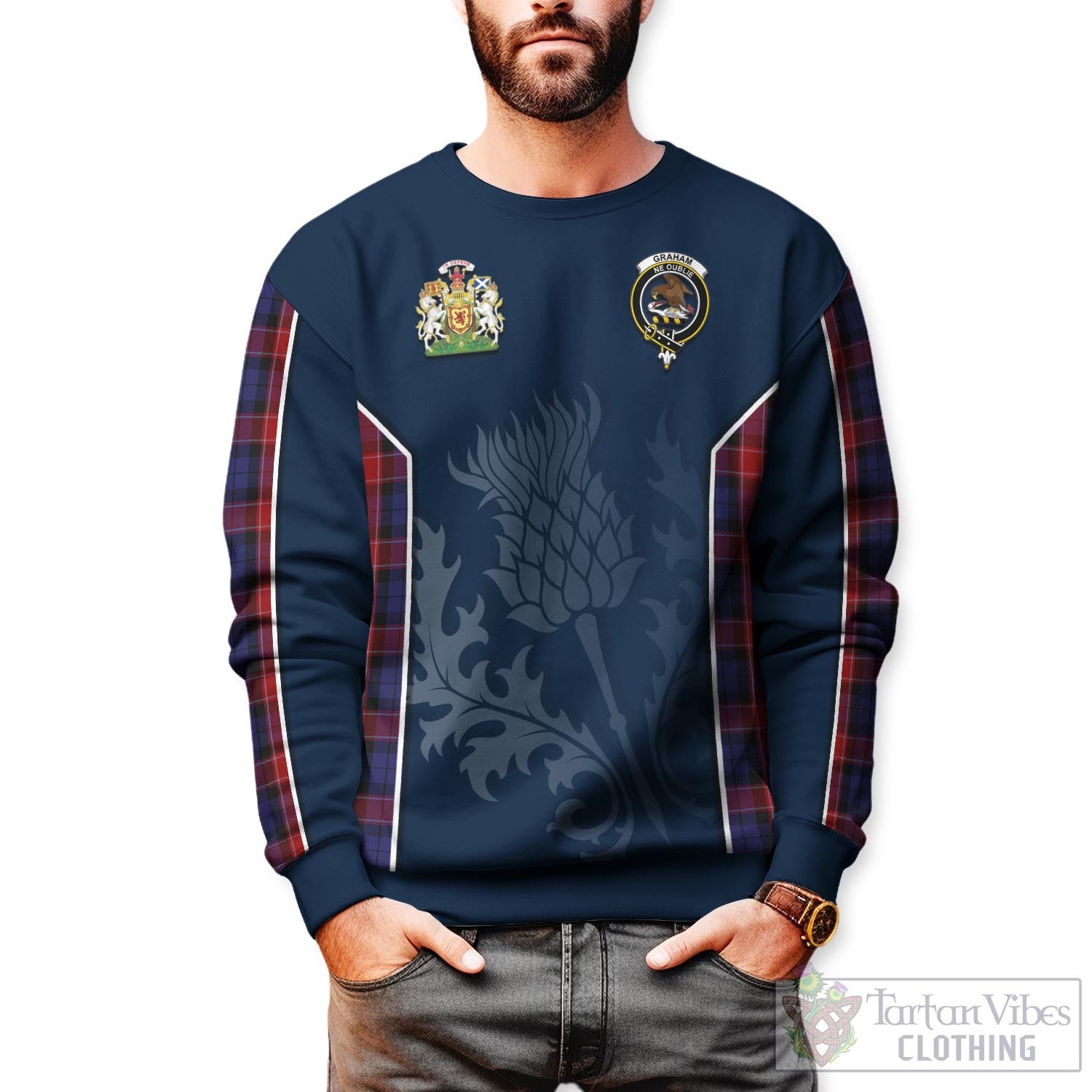 Tartan Vibes Clothing Graham of Menteith Red Tartan Sweatshirt with Family Crest and Scottish Thistle Vibes Sport Style