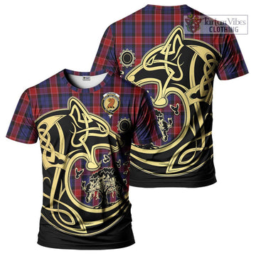 Graham of Menteith Red Tartan T-Shirt with Family Crest Celtic Wolf Style