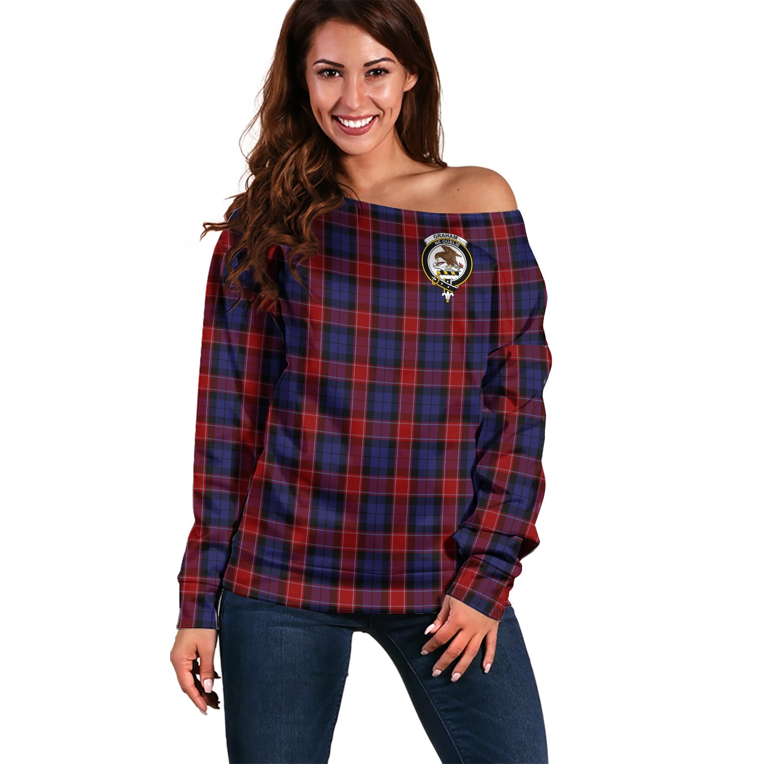 Graham of Menteith Red Tartan Off Shoulder Women Sweater with Family Crest Women - Tartanvibesclothing