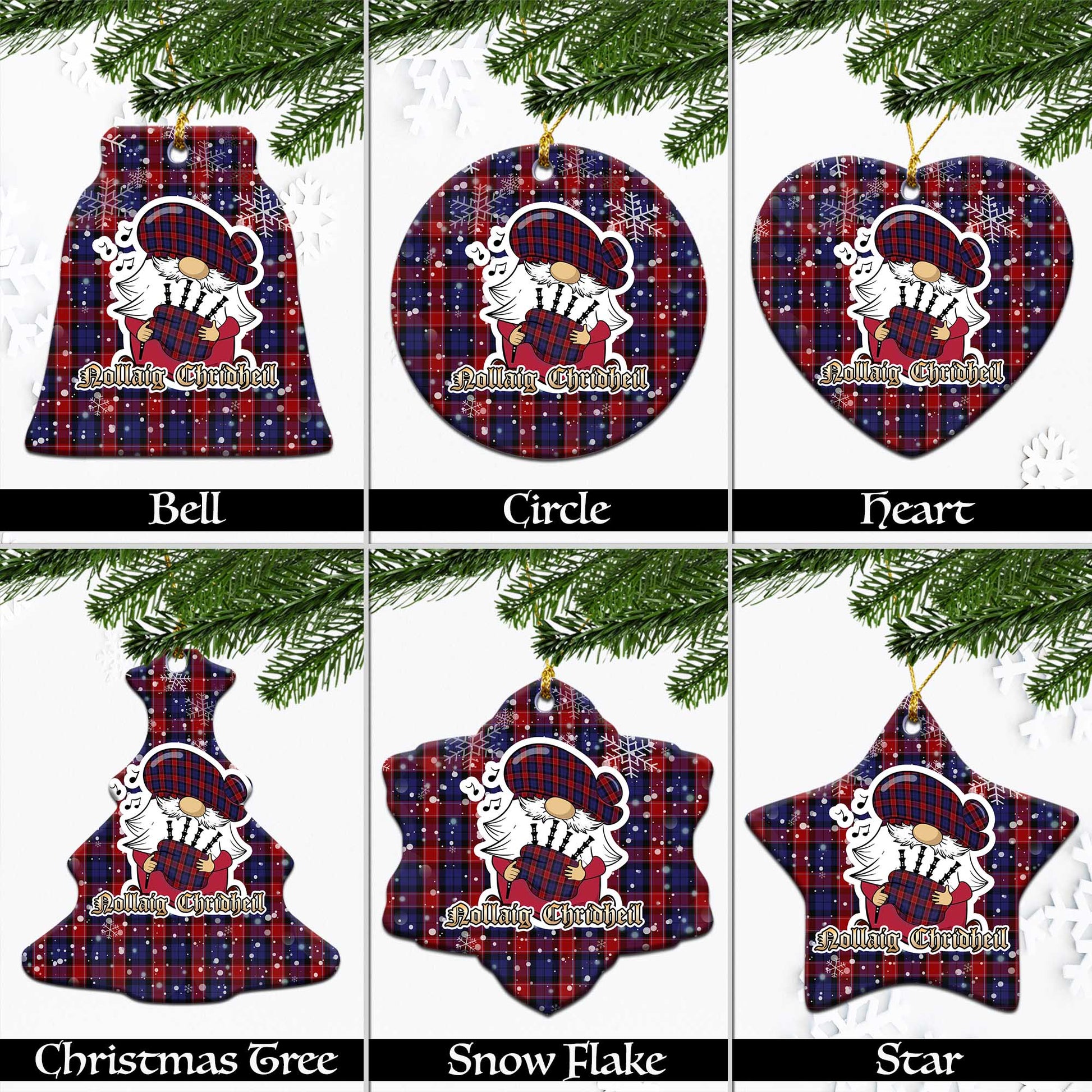 Graham of Menteith Red Tartan Christmas Ornaments with Scottish Gnome Playing Bagpipes Ceramic - Tartanvibesclothing