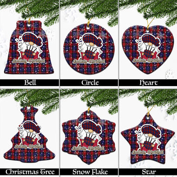 Graham of Menteith Red Tartan Christmas Ceramic Ornaments with Scottish Gnome Playing Bagpipes