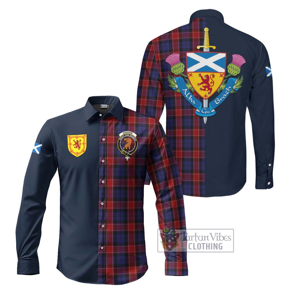 Tartan Vibes Clothing Graham of Menteith Red Tartan Long Sleeve Button Shirt with Scottish Lion Royal Arm Half Style