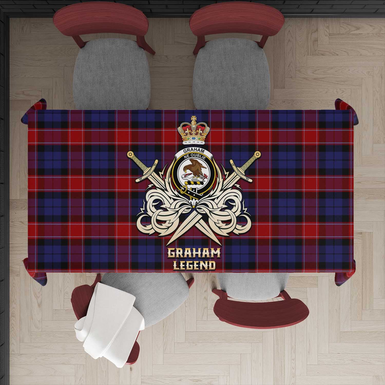 Tartan Vibes Clothing Graham of Menteith Red Tartan Tablecloth with Clan Crest and the Golden Sword of Courageous Legacy