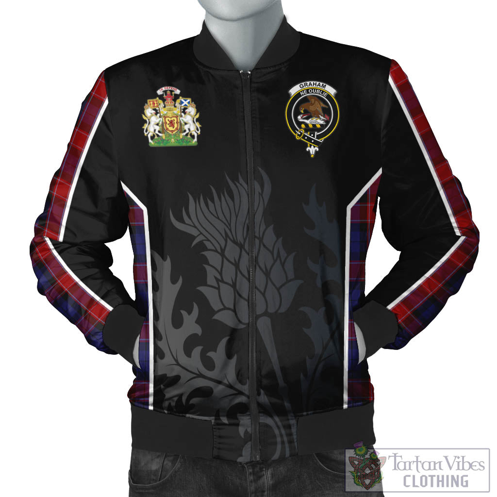 Tartan Vibes Clothing Graham of Menteith Red Tartan Bomber Jacket with Family Crest and Scottish Thistle Vibes Sport Style