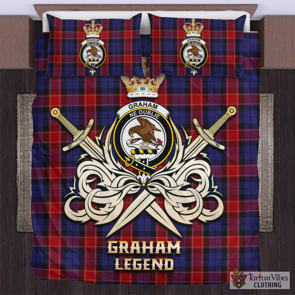 Tartan Vibes Clothing Graham of Menteith Red Tartan Bedding Set with Clan Crest and the Golden Sword of Courageous Legacy