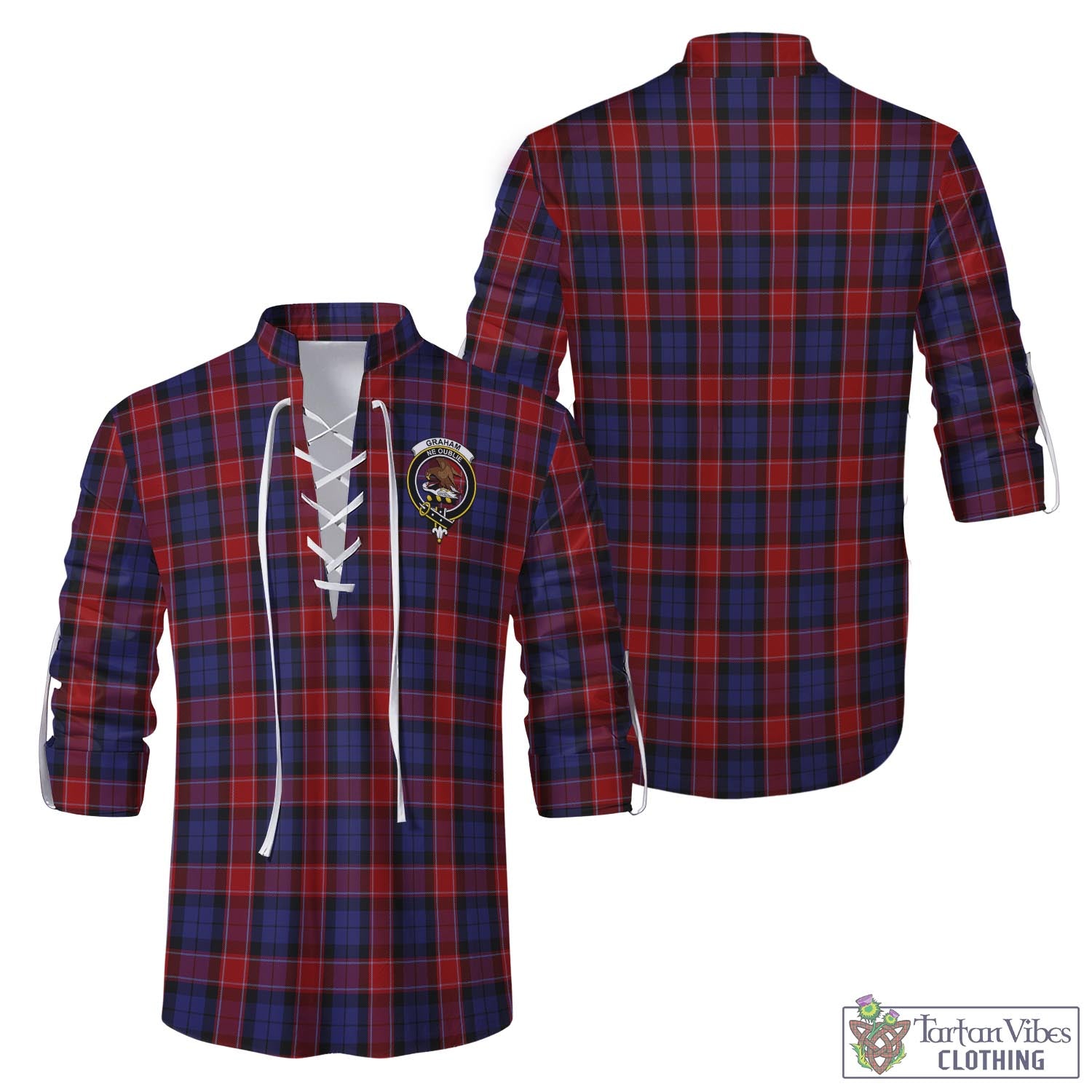 Tartan Vibes Clothing Graham of Menteith Red Tartan Men's Scottish Traditional Jacobite Ghillie Kilt Shirt with Family Crest