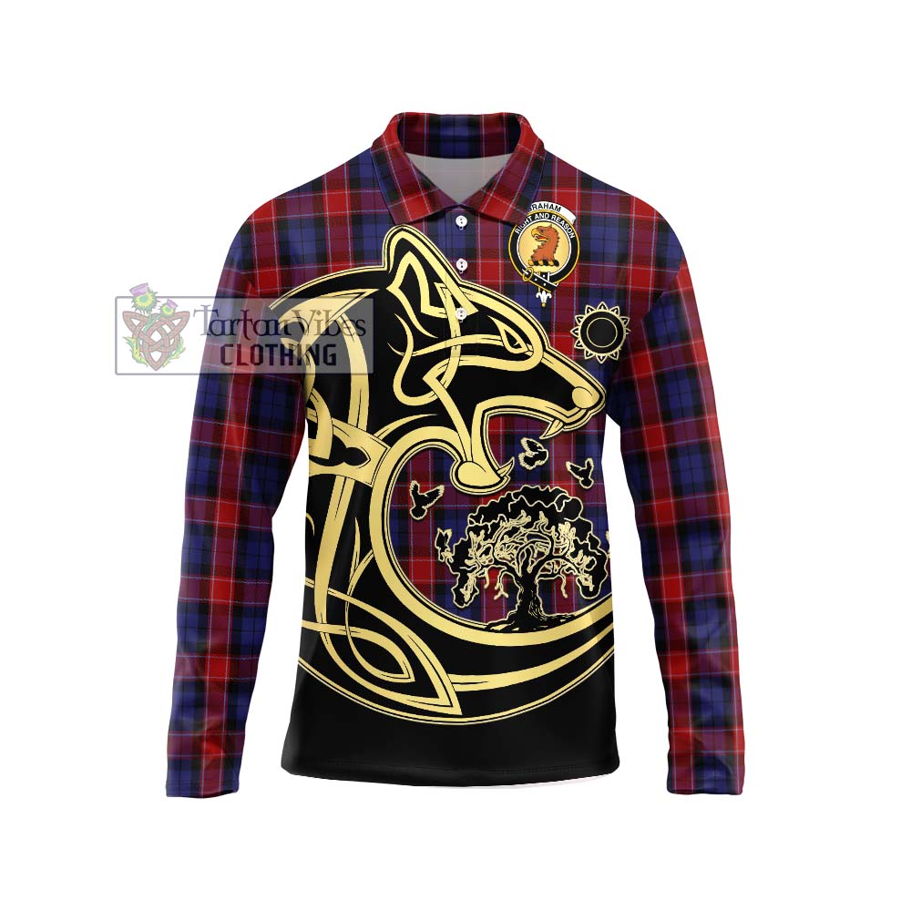 Graham of Menteith Red Tartan Long Sleeve Polo Shirt with Family Crest Celtic Wolf Style Unisex - Tartanvibesclothing Shop