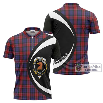 Graham of Menteith Red Tartan Zipper Polo Shirt with Family Crest Circle Style