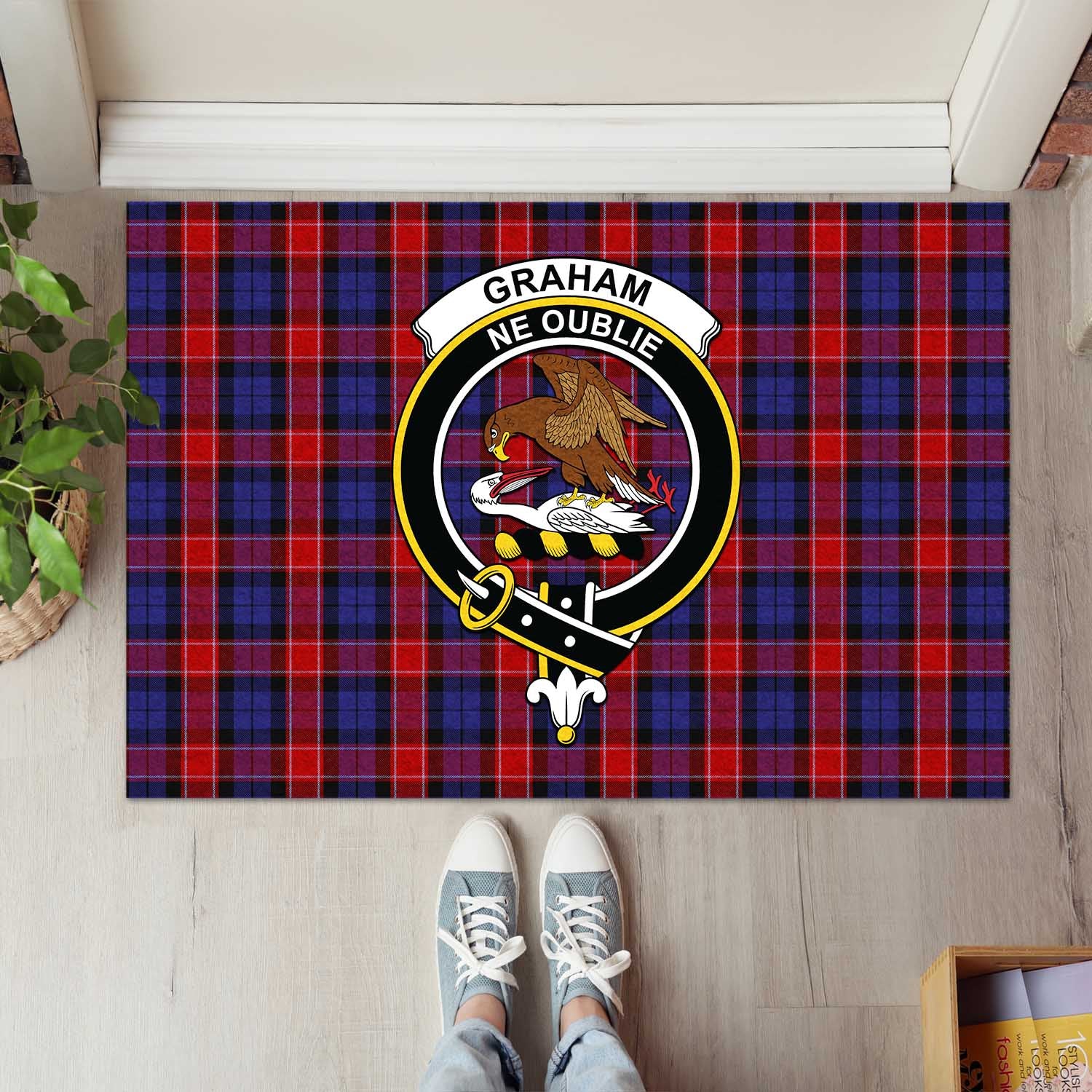 Graham of Menteith Red Tartan Door Mat with Family Crest - Tartanvibesclothing