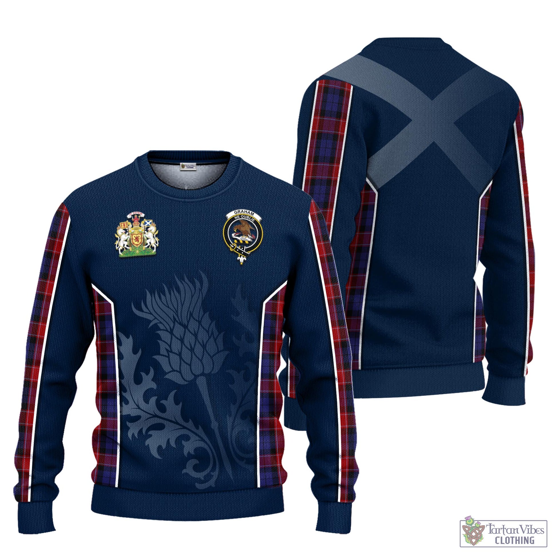 Tartan Vibes Clothing Graham of Menteith Red Tartan Knitted Sweatshirt with Family Crest and Scottish Thistle Vibes Sport Style