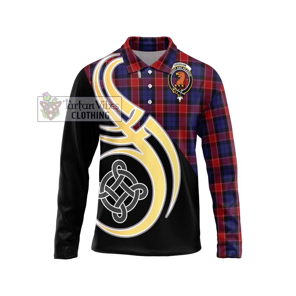 Graham of Menteith Red Tartan Long Sleeve Polo Shirt with Family Crest and Celtic Symbol Style Unisex - Tartan Vibes Clothing