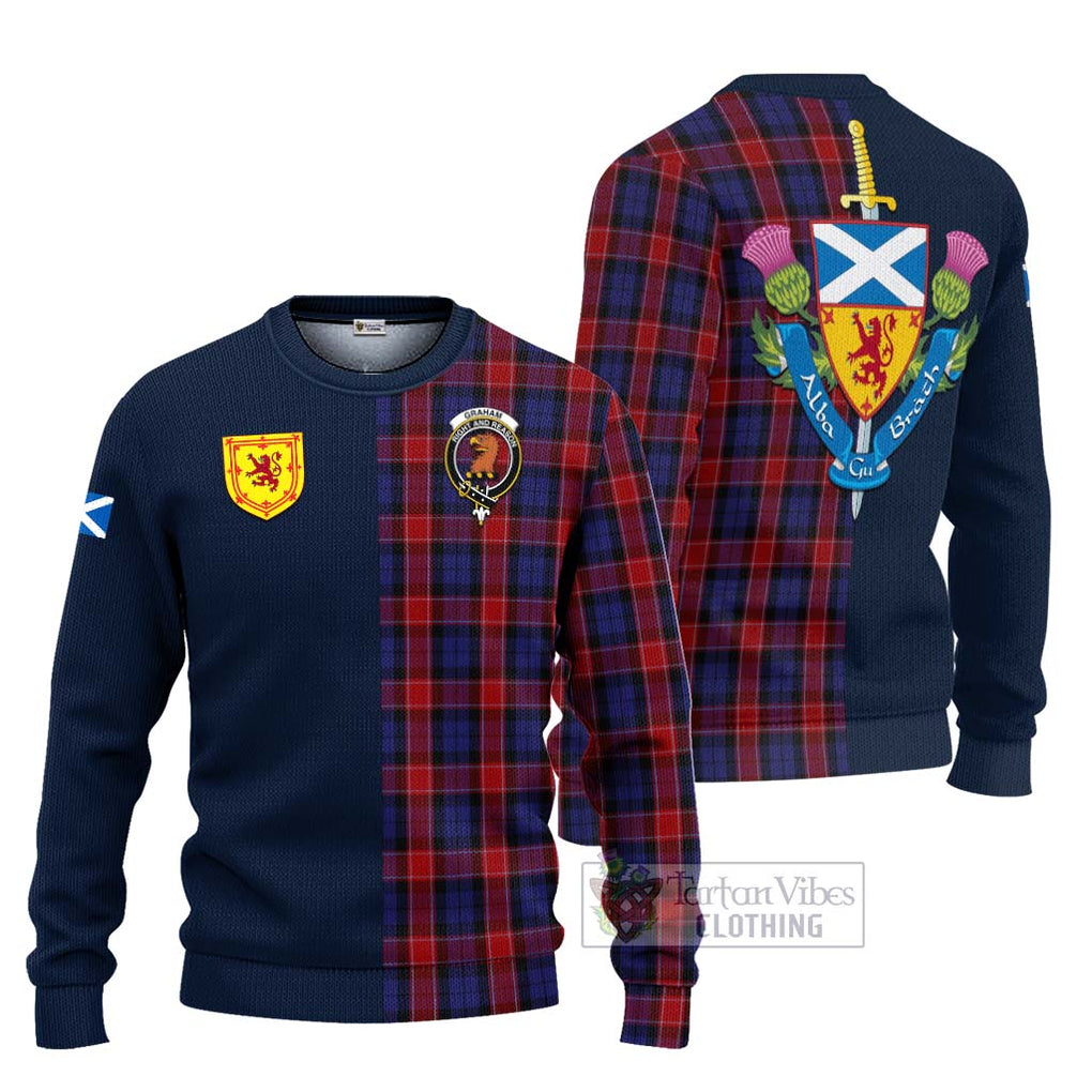 Tartan Vibes Clothing Graham of Menteith Red Tartan Knitted Sweater with Scottish Lion Royal Arm Half Style