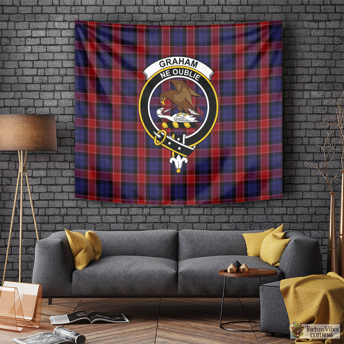 Tartan Vibes Clothing Graham of Menteith Red Tartan Tapestry Wall Hanging and Home Decor for Room with Family Crest