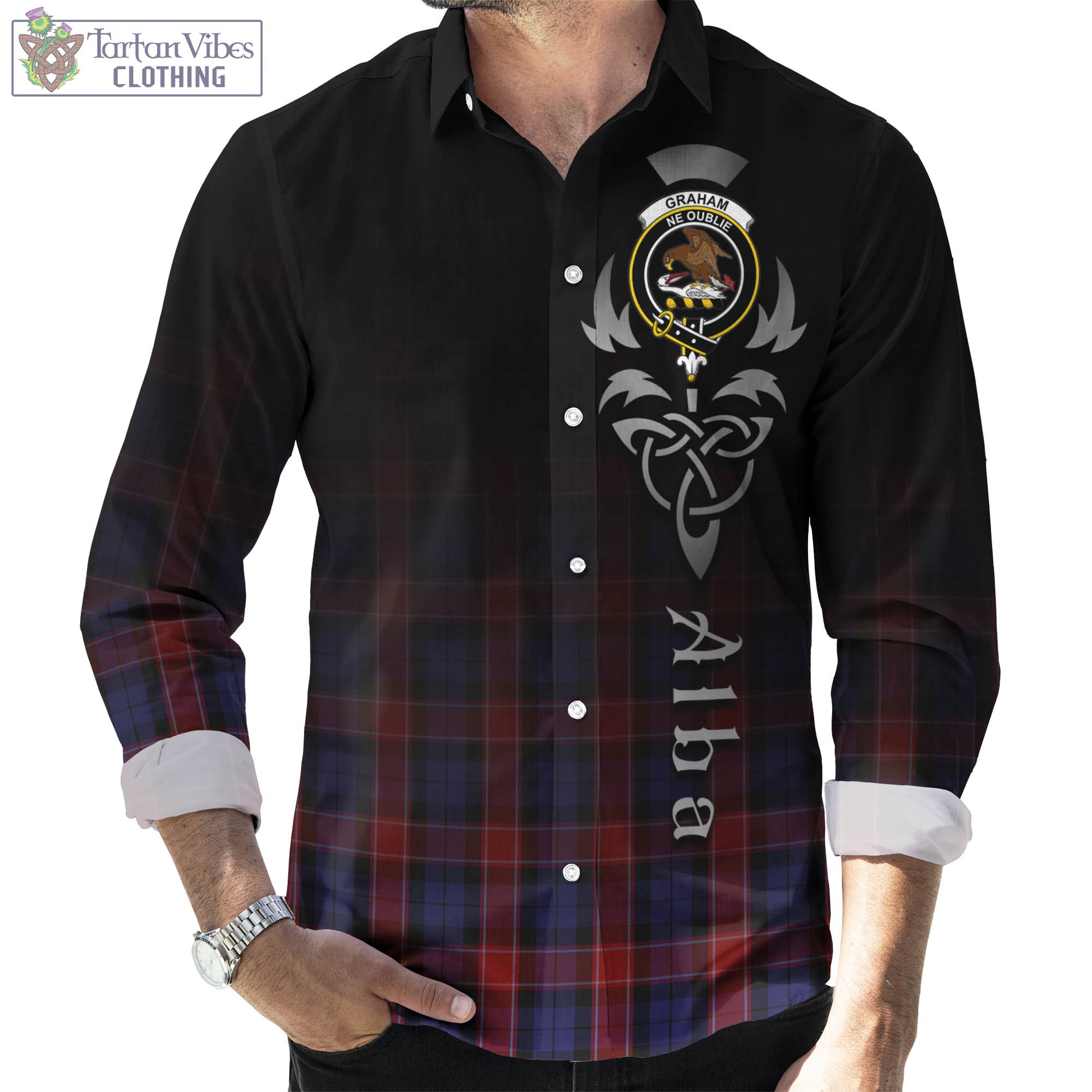 Tartan Vibes Clothing Graham of Menteith Red Tartan Long Sleeve Button Up Featuring Alba Gu Brath Family Crest Celtic Inspired