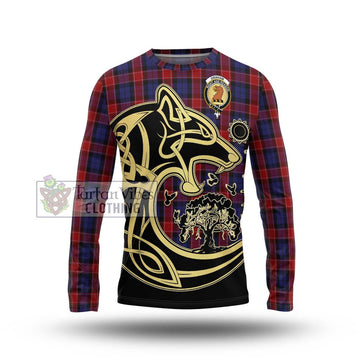 Graham of Menteith Red Tartan Long Sleeve T-Shirt with Family Crest Celtic Wolf Style