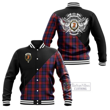 Graham of Menteith Red Tartan Baseball Jacket with Family Crest and Military Logo Style