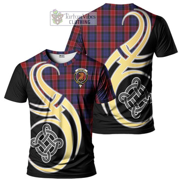 Graham of Menteith Red Tartan T-Shirt with Family Crest and Celtic Symbol Style