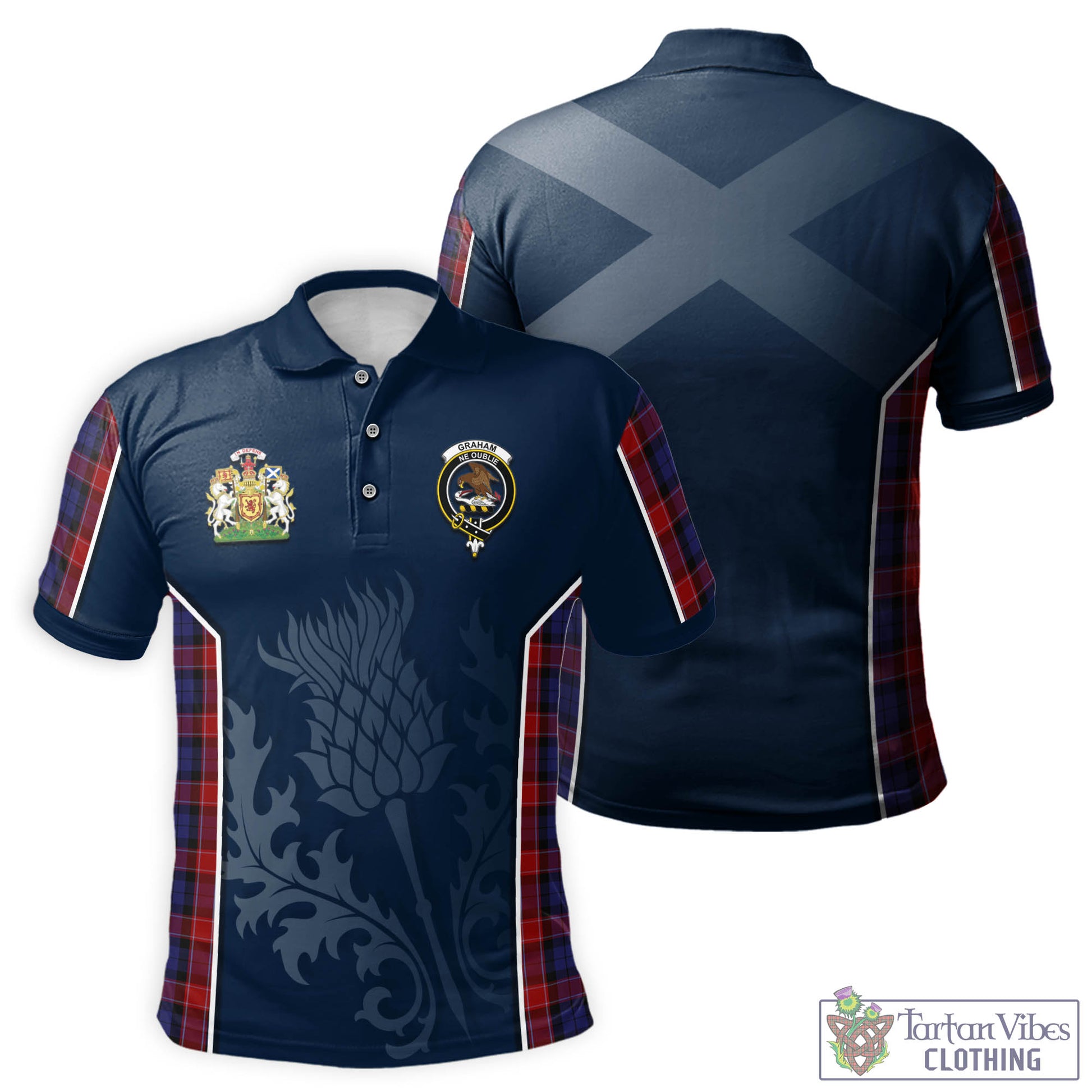 Tartan Vibes Clothing Graham of Menteith Red Tartan Men's Polo Shirt with Family Crest and Scottish Thistle Vibes Sport Style