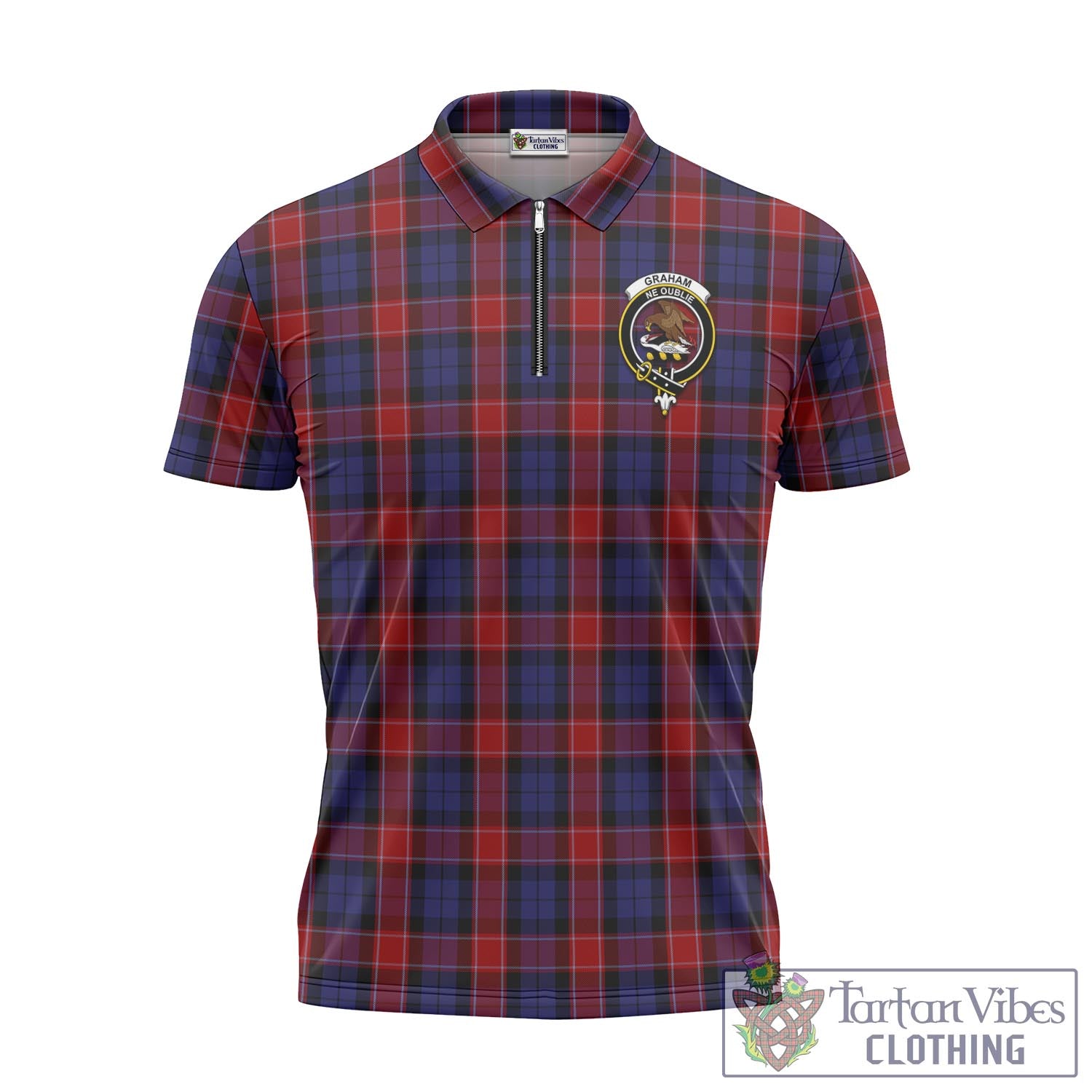 Tartan Vibes Clothing Graham of Menteith Red Tartan Zipper Polo Shirt with Family Crest